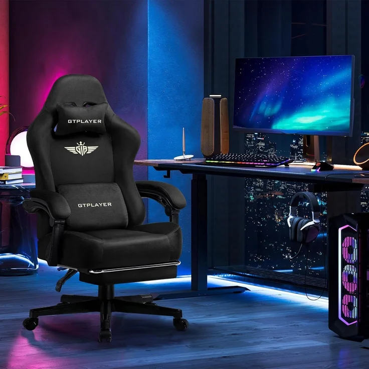 GTPLAYER Gaming Stuhl, Atmungsaktiver Bürostuhl, bürostuhl ergonomisch, Hochwertiger - Stoff, Ergonomischer PC Stuhl, 160° Verstellbare Rückenlehne und ausziehbare Fußstütze,Schwarz – Bild 2