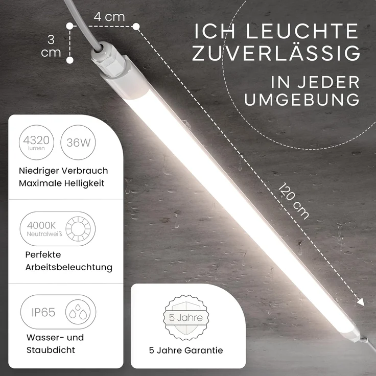 MATO 2x Feuchtraumleuchte LED 120cm - Wasserdicht IP65, 36W, 4320lm - 4000K Neutralweiß - Verknüpfbare Feuchtraumlampe - Wannenleuchte, Kellerleuchte, Garagenlampe, Werkstatt Deckenleuchte Lang – Bild 2