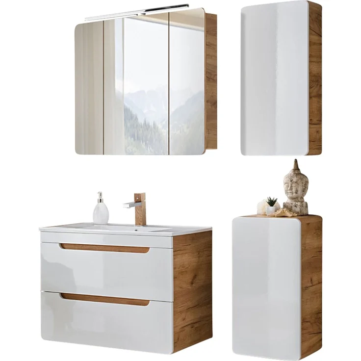 Badmöbel Set mit Keramikwaschtisch LUTON-56 in Hochglanz weiß mit Wotan Eiche Nb, B/H/T ca. 130/200/46 cm – Bild 8
