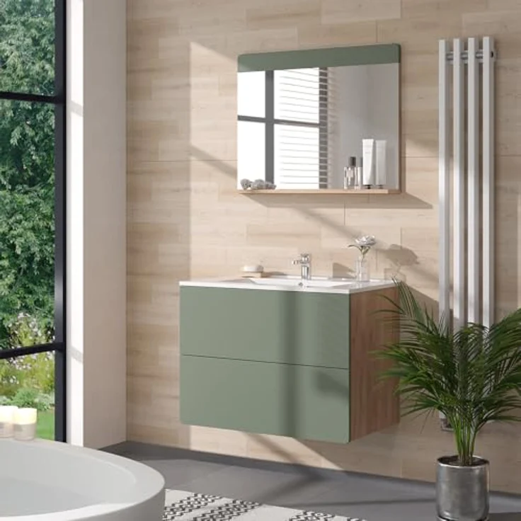 Vichy Badmöbelset Izan, 2-teiliges Badmöbel-Set in Goldkraft Eiche/Grün mit Waschbeckenunterschrank und Spiegelschrank mit Beleuchtung – Bild 3