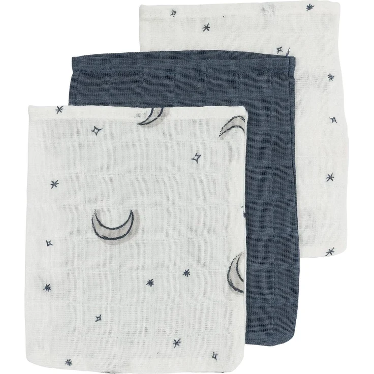 Meyco Baby Waschhandschuhe Musselin - 3er Pack - 20x17 cm - Musselin Waschlappen - 100% Baumwolle - Oeko Tex Zertifiziert - saugfähig, hautfreundlich & schnelltrocknend - Moon Indigo