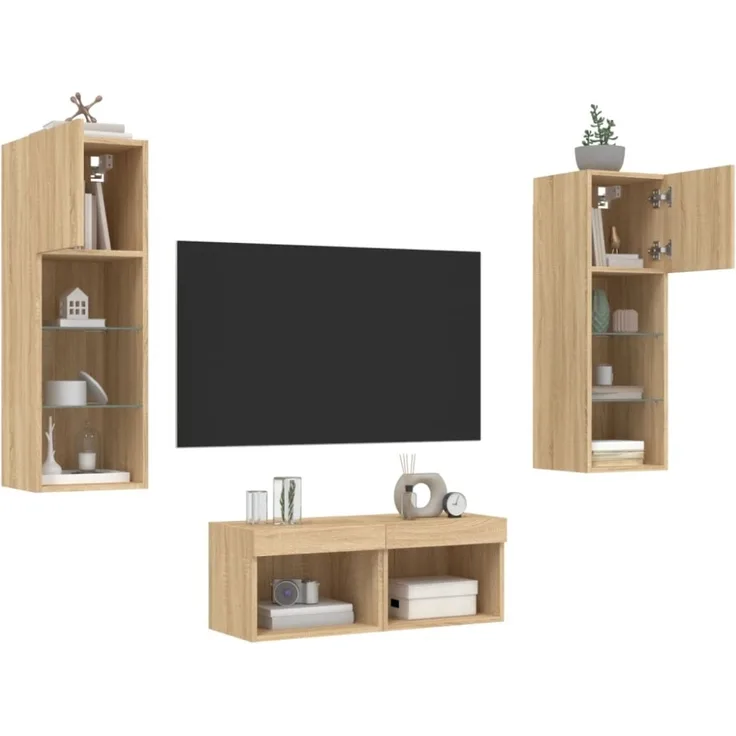 vidaXL 4-tlg. TV-Wohnwand mit LED-Leuchten Sonoma-Eiche 3216578