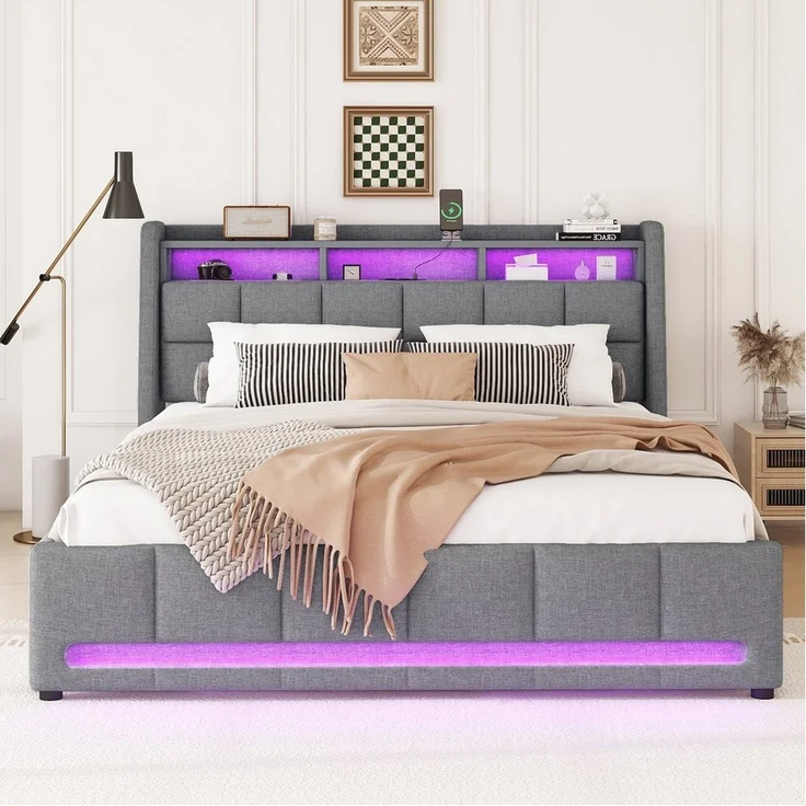 SOFTWEARY Stauraumbett mit LED-Beleuchtung (Lattenrost, 2 Schubladen, USB-Anschlüssen, 140x200 cm), Doppelbett mit Stauraum, Leinen – Bild 2
