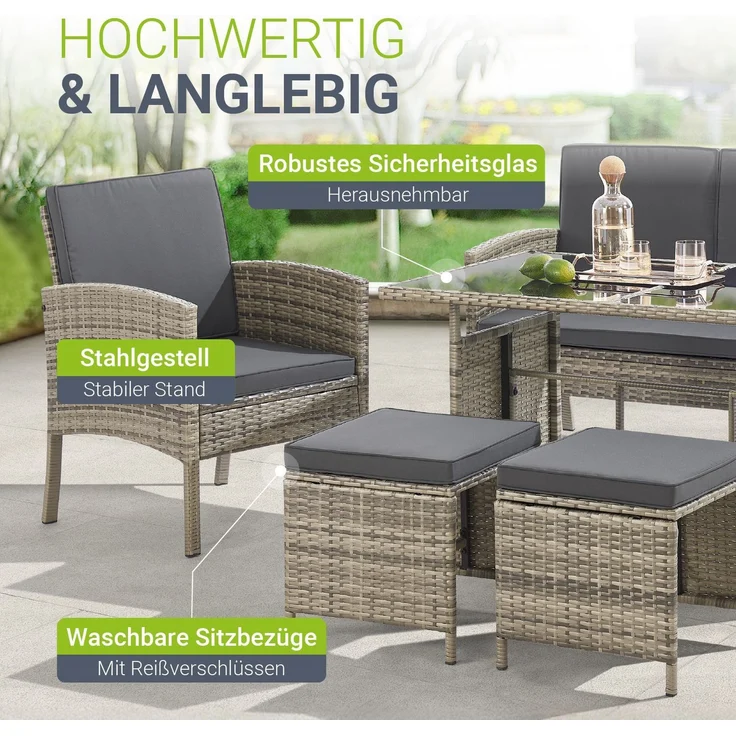 Juskys Polyrattan Gartenmöbel Sitzgruppe Turin Set 6 teilig inkl. Abdeckung - 7 Personen - Outdoor Möbel mit Sessel, Hocker, Tisch & Kissen - Garten Loungemöbel Grau-meliert – Bild 4