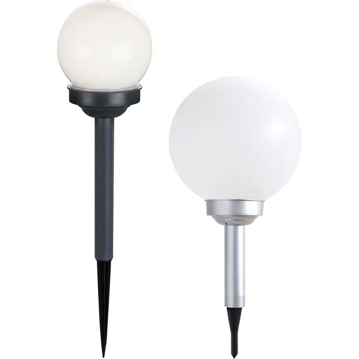 2er Set LED Solarleuchten, Kugel weiß, Erdspieß, D 10/15 cm
