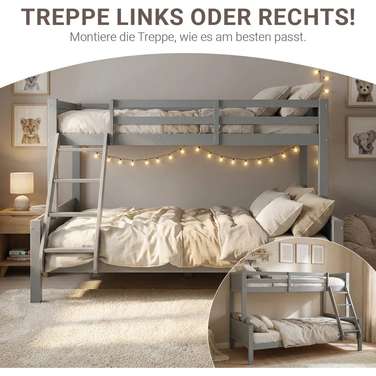 Etagenbett 90x200 und 140x200 Kinde Grau Holz Doppelstockbett Jugendbett Hochbett Stockbett – Bild 6
