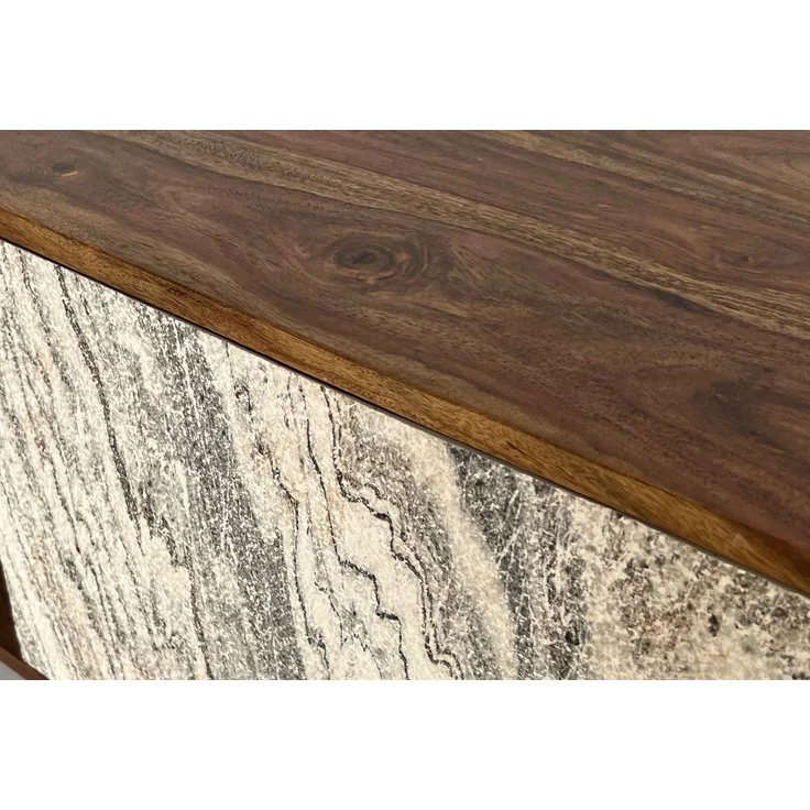 FineBuy Lowboard Sheesham Massivholz 150x56x35 cm TV-Kommode mit Steinoptik Weiß, Design TV-Schrank Hoch, Fernsehtisch Fernsehschrank Modern zwei Türen, Fernsehkommode Wohnzimmer mit Metallbeine – Bild 5