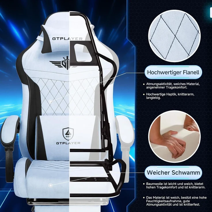 GTPLAYER Gaming-Stuhl Stoff Gaming Chair Ergonomisch Bürostuh PC Stuhl, 150kg Belastbarkeit, Schreibtischstuh mit Federsitzkissen und Fußstütze – Bild 5