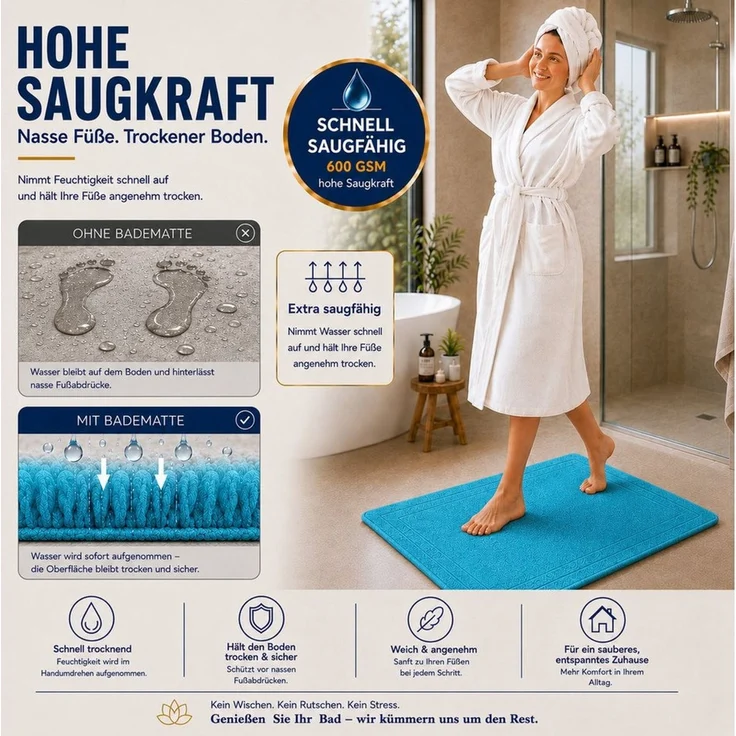 Komfortec Badematte 2er Badetuch Set aus 100% Baumwolle 50x70 cm Extra Weich & Saugstark, Rechteckig, 600 g/m² – Bild 2