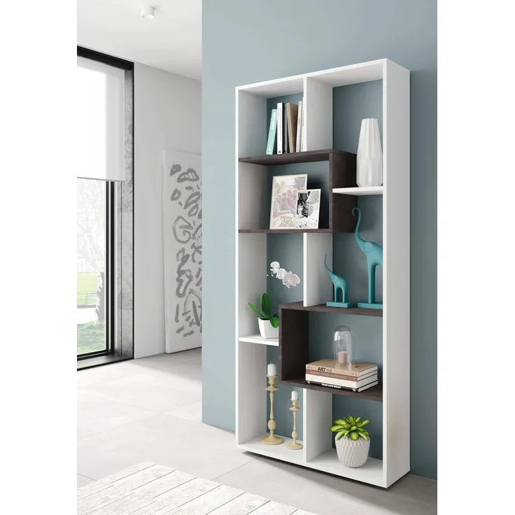 Dmora - Bücherregal Fremont, Multipositions-Bücherregal mit 8 Fächern, Büroregal, Regal als Raumteiler, cm 80x25h180, Weiß und Oxid