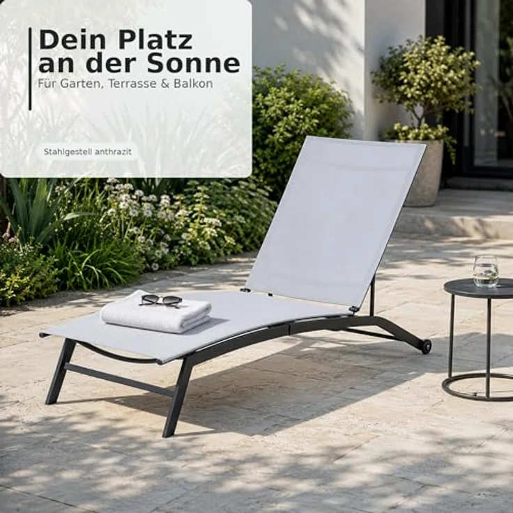 Ambia Garden Sonnenliege, Anthrazit und Weiß, Metall, 195x90x63 cm, wetterbeständig, verstellbare Rückenlehne mit Rädern am Kopfende – Bild 4