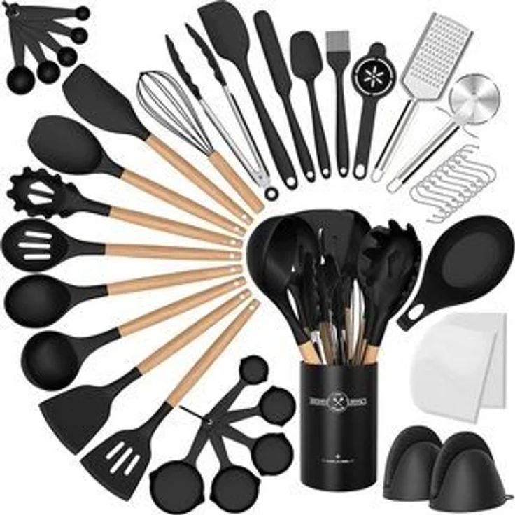 Rhein Beleuchtung Kochbesteck-Set Schwarzer Holzgriff Silikon Küchenutensilien Set 43 Teile (43-tlg, kochlöffel set, küchenhelfer, küchenutensilien), Lebensmittelechtes Silikon, Holzgriff für einfache Lagerung – Bild 6