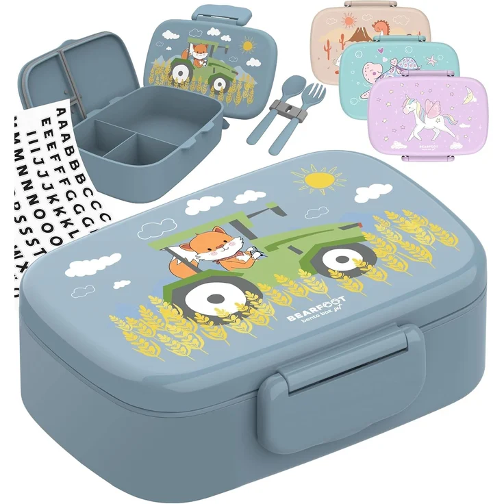BEARFOOT Lunchbox Brotdose Kinder mit Fächern, leicht & auslaufsicher -Traktor, Kindergarten und Schule - Mädchen und Jungen, Vesperbox, Snackbox
