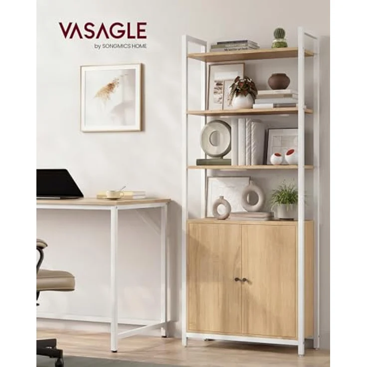 VASAGLE Bücherregal, 6 Ebenen, Regal, Standregal mit Türen, Metallrahmen, verstellbaren Ablagen, 24 x 60 x 159,5 cm, für Wohnzimmer, Schlafzimmer, goldeichenfarbe-mattweiß LLS133YA01 – Bild 3