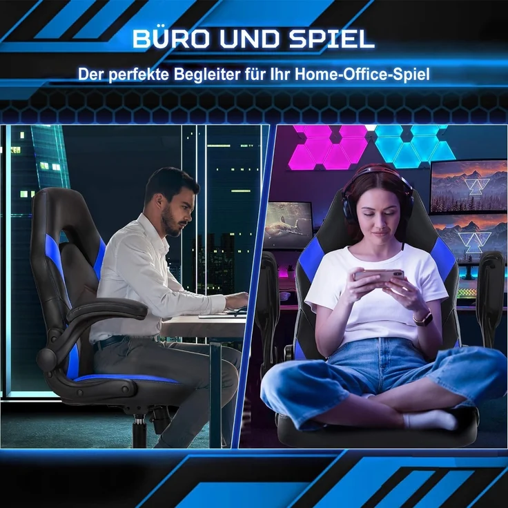 DUMOS Gaming Stuhl - Ergonomischer Gaming Sessel, Verstellbarer Drehbarer Gamingstuhl aus PU-Leder mit klappbaren Armlehnen, Geeignet für Zuhause, Büros usw(Schwarz-Blau) – Bild 6