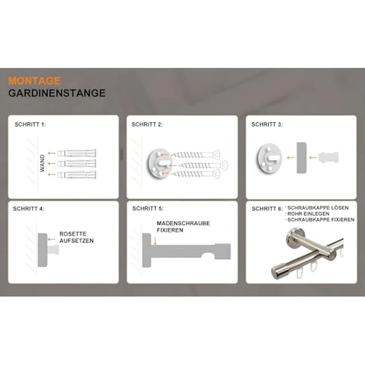 iso-design Gardinenstange Innenlauf 16 mm Farbe Edelstahl Wandabstand 7 cm, Ø 16 mm, 1-läufig, Fixmaß, mit Bohren, Aluminium – Bild 6