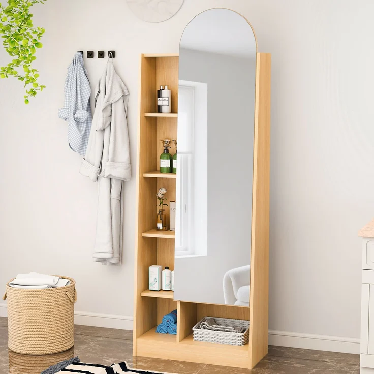 LVHOM Dielenschrank mit Ganzkörperspiegel 165cm hoch, Multifunktionaler Spiegelschrank aus Holz, schmaler Badezimmerschrank mit verstellbaren Böden, Natur – Bild 2