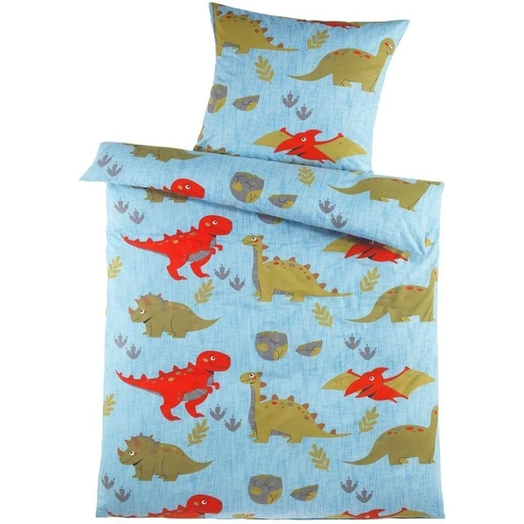 KH-Haushaltshandel Bettwäsche 2-tlg. Biber Motiv Winter Bettwäsche 135 x 200 +80x80 cm, Dinosaurier, Biber, 2 teilig, blau, mit farbigen Dinos, Baumwollmischgewebe flauschig weich und warm – Bild 2