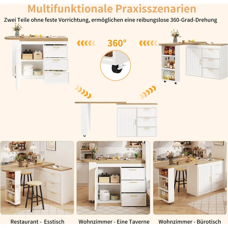 Bartisch Tisch mit 360° Drehfunktion, Verstellbare Regale & Kippschutz, 3 Schubladen & Seitenablage, Vielseitiger Stehtisch für Esszimmer, Wohnzimmer & Homeoffice--Weiß--97x54.51x16cm--YOUDENOVA – Bild 7