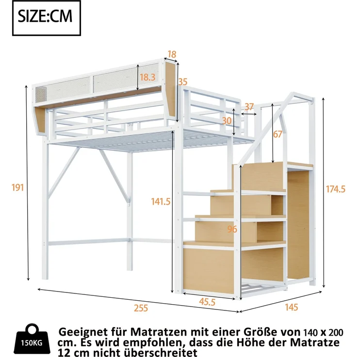 EINHOM Hochbett 140 x 200 cm mit Sicherheitsleiter und Flexiblem Staufach, Metallbett Erwachsenenbett Kinder-Etagenbett Weiß (Ohne Matratze) – Bild 2