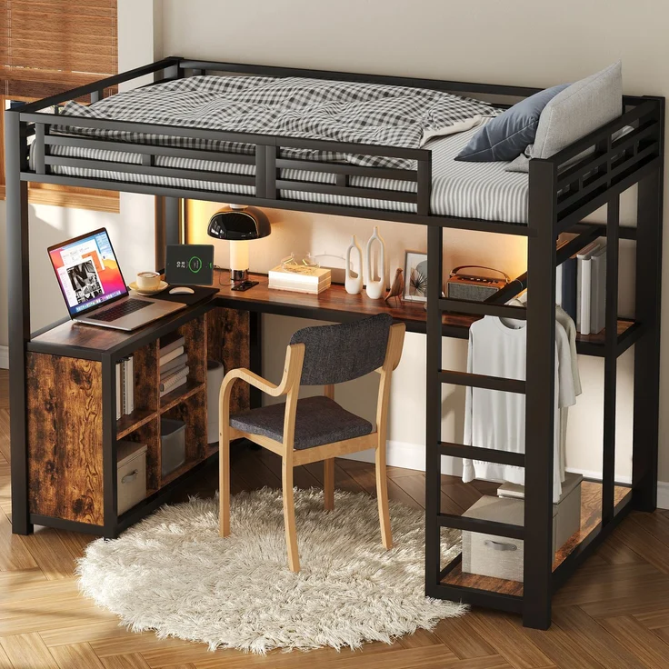 U-life Metall-Hochbett, Etagenbett, Loftbett, 140x200 cm, für Schlafzimmer, Jugendzimmer, kleine Wohnungen, mit integriertem Arbeitsbereich, LED-Beleuchtung, USB-Anschlüssen, viel Stauraum, offenem Kleiderschrank, sicherer Treppe, MDF + Metall, modern,... – Bild 3