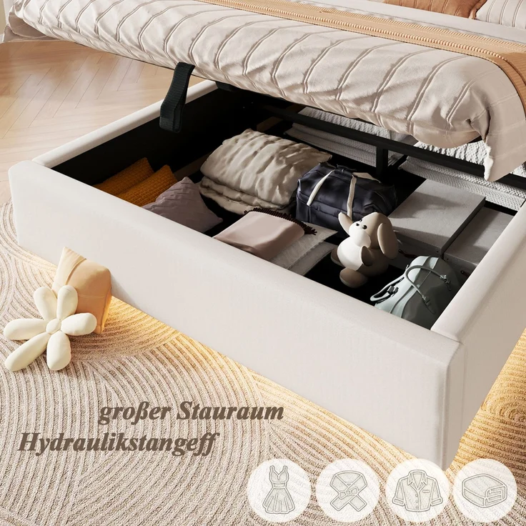 Polsterbett, Doppelbett, 140 x 200 cm, Bett mit Lattenrost, Kopfteil, Gepolstertes Kopfteil, Hydraulische Lagerung, Mit LED-Lichtleiste, Ohne Matratze, Beige Chenille – Bild 9
