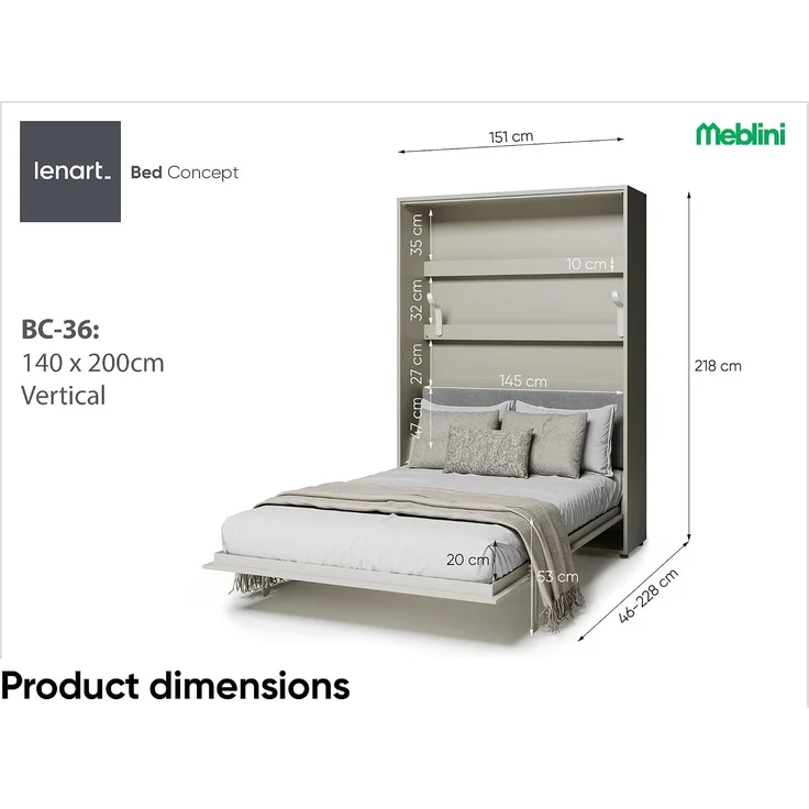 MEBLINI Elektrisches Schrankbett BC-36 - 140x200cm Vertikal - Kaschmir - Kopfteil Grau ohne Matratze - Wandbett mit Lattenrost und Kopfteil - Wandklappbett – Bild 3