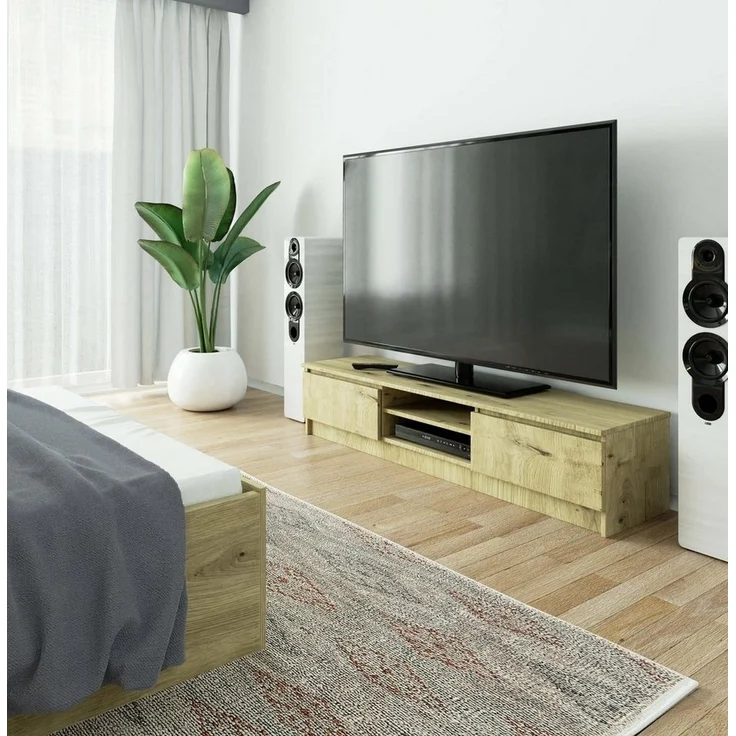 Home Collective TV-Schrank 160cm breit mit zwei Türen und zwei offenen Regalen, moderner Lowboard, Wohnzimmer Schlafzimmer in artisan Eiche – Bild 2