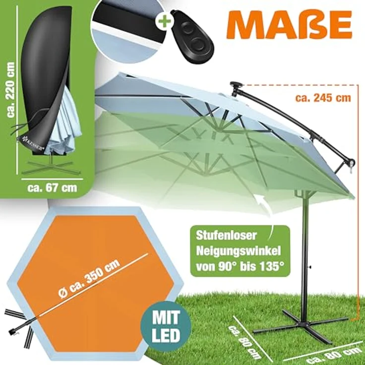 KESSER® Alu Ampelschirm LED Solar + Abdeckung mit Kurbelvorrichtung UV-Schutz Aluminium mit An-/Ausschalter Wasserabweisend - Sonnenschirm Schirm Gartenschirm 350cm, Hellblau – Bild 3