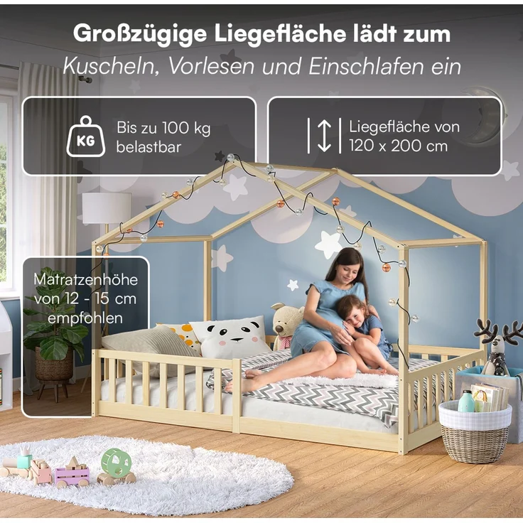 Bellabino 'Bia' Hausbett 120x200 cm, natur, Kiefer Massivholz, Bodenbett in Hausoptik, Montessori Kinderbett mit Rausfallschutz und Lattenrost – Bild 6