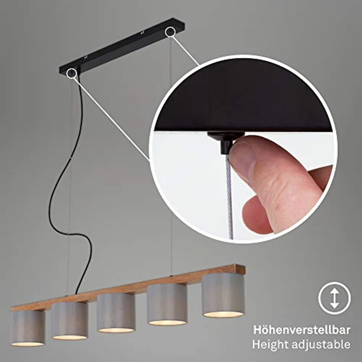 Briloner Pendelleuchte Hängelampe RHON, 5-flammig, grau, Metall-Holz-Stoff, 25 W, IP20, 110 x 15 x 136 cm – Bild 3