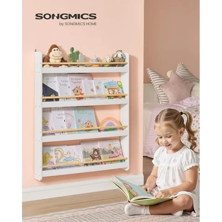 SONGMICS Bücherregal Kinder, Kinderregal mit 4 Ebenen, Spielzeugregal, Wandregal, für Kinderzimmer, Spielzimmer, weiß-naturfarben GKR014W01 – Bild 5