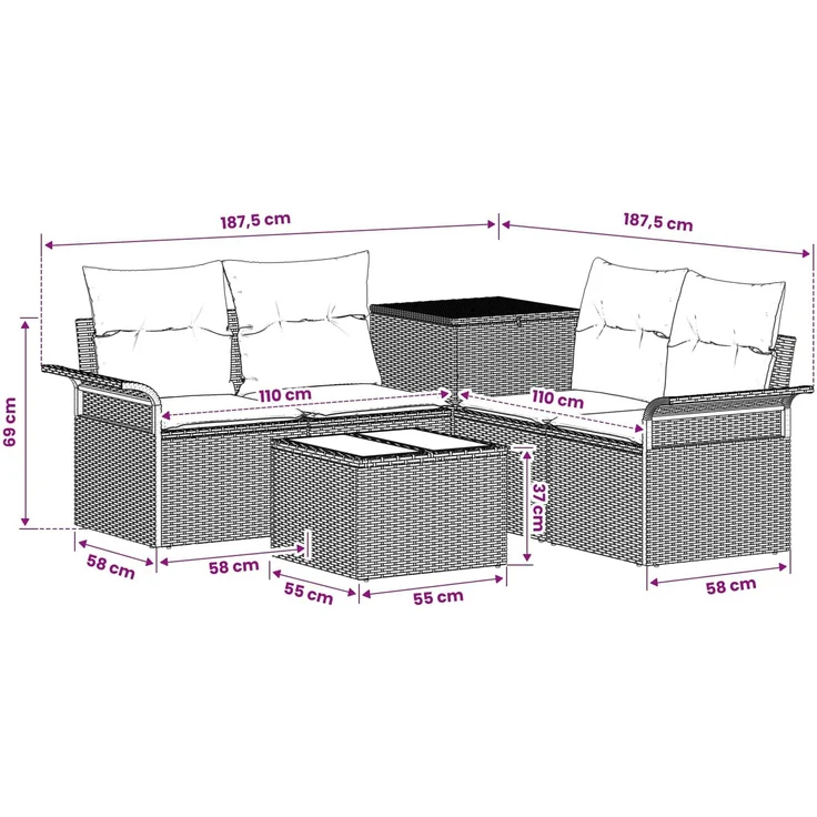vidaXL Sofa Set 6 stk. 4-Sitzanzahl Schwarz Polyrattan und Stahl 3447064 – Bild 11