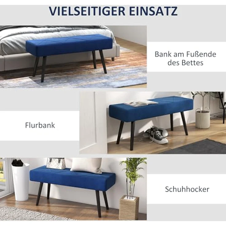 HOMCOM Polsterbank mit X-Muster, in Samtoptik, bis 120 kg Belastbar (Bettbank, 1-St, Sitzbank), für Schlafzimmer, 100 x 36 x 45 cm, Blau – Bild 7