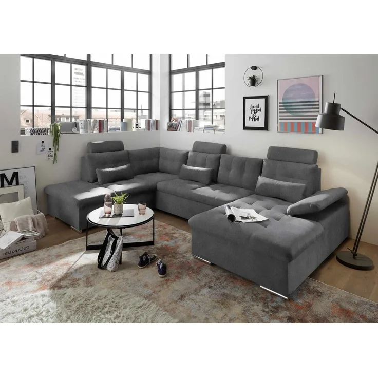 Couchlandschaft mit Schlaffunktion und Bettkasten, Anthrazit - Medan XXL