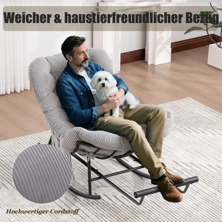 LVHOM Schaukelstuhl mit ausziehbarer Fußstütze, Rattanstuhl mit Stahlrahmen, Schaukelsessel mit gepolstertem Kissen und Seitentasche, Lounge Sessel, 1 St, Hellgrau – Bild 4