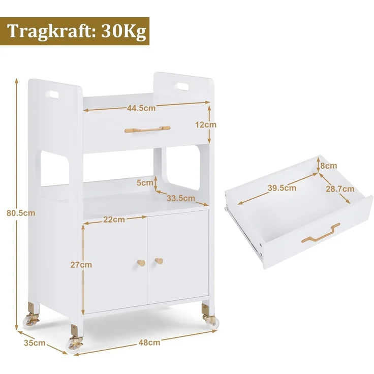 M MCombo Servierwagen mit Rollen & Schubladen, Rollwagen Friseurwagen Weiß, Salon Trolley mit 2 Ablagen, Moderner Arbeitswagen, 35x48x80,5 cm, 0055 – Bild 3