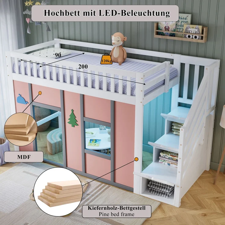 Merax Hochbett 90x200 cm, Kinderbett, Halbhochbett mit Stauraumtreppe, LED-Beleuchtung, Spielbereich, Rausfallschutz und Deko-Motiven, Weiß + Rosa, 252.5 x 95 x 142 cm – Bild 6