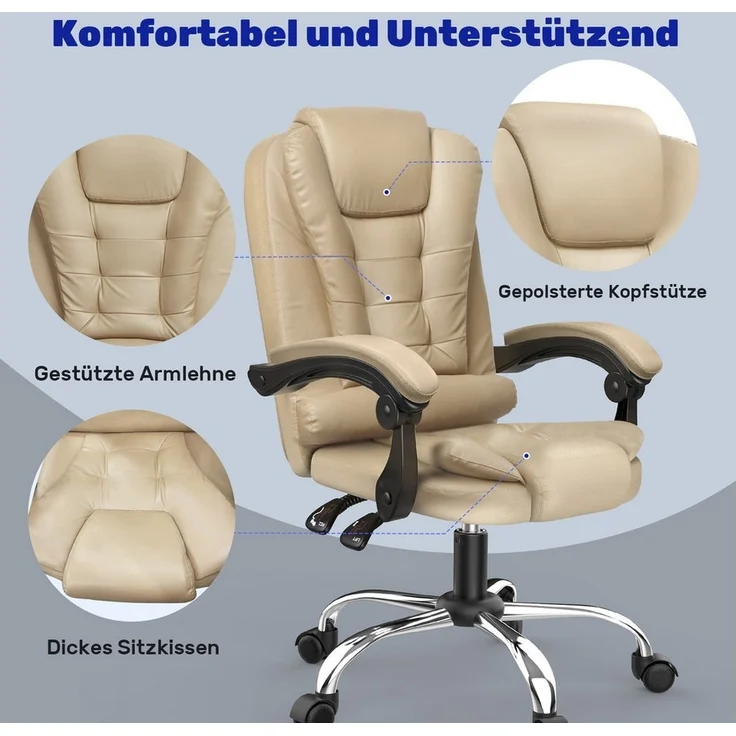BIGZZIA Bürostuhl Schreibtischstuhl mit Hoher Rückenlehne und Höhenverstellbar, PU Leder Drehstuhl - Liegestuhl für Büro - Zuhause – Bild 2