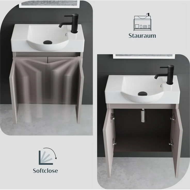 Alpenberger Badmöbel-Set Gäste WC Waschbecken mit Unterschrank 55 cm Breit, (Kleiner Stauraum Schrank, Moderne Waschplätze), Waschtisch mit Unterschrank Light Coffee – Bild 3