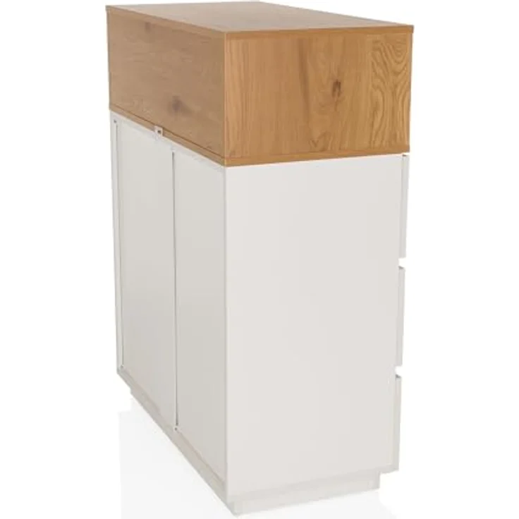 hjh LIVING Kommode mit 3 Schubladen, 1 offenes Fach MELMO K 80 x 40 x 100 cm Highboard Schrank im skandinavischen Stil, griffloses Design, Weiß/Eiche – Bild 8