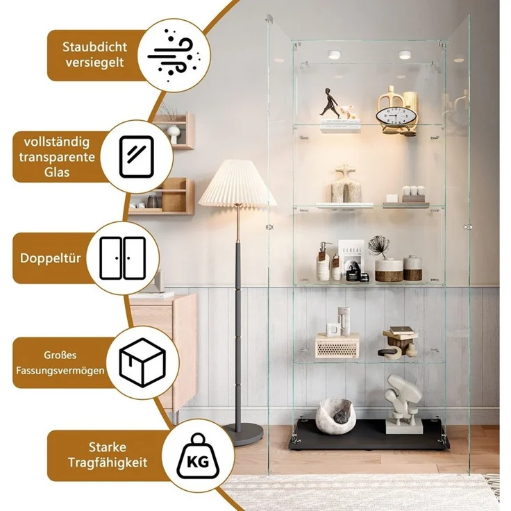 Simurq Glasvitrine Standvitrinen mit LED-Beleuchtung, Modern Glas Vitrinenschrank (1-St,Glas Vitrine mit 2 Glastür und 5 Lagen,Standvitrine mit Schloss) Modern Glasvitrinen,Sammelvitrine aus Glas – Bild 4