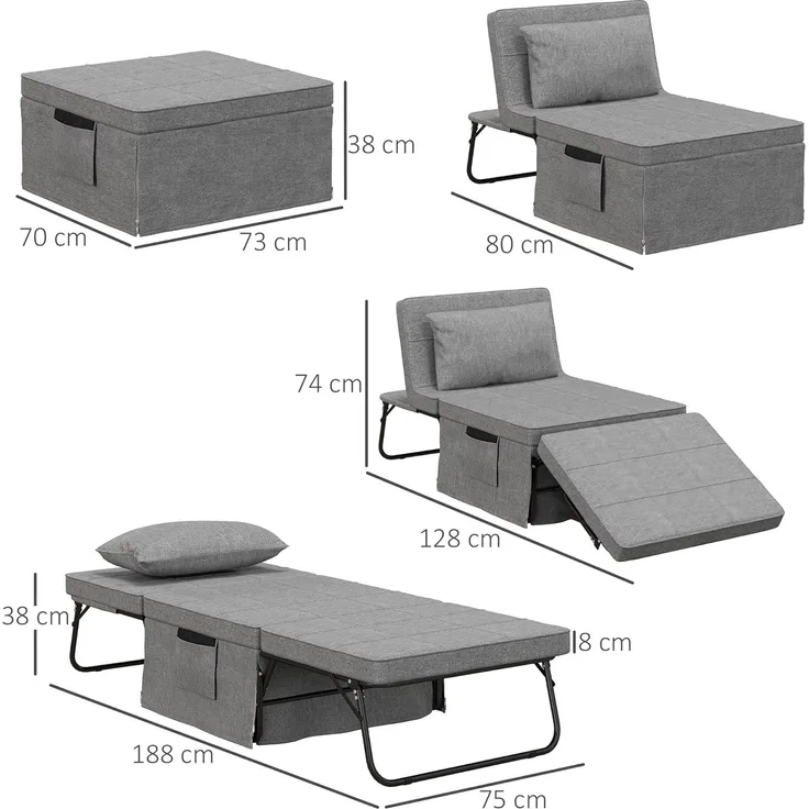 HOMCOM Gästebett 4-in-1 Einzelbett Klappbett klappbare Reisebett Ottomane mit Matratze (5-Stufen Höhenverstellbar, 1-St, mit stabilem Stahlrahmen) Grau, 188 x 75 x 38 cm