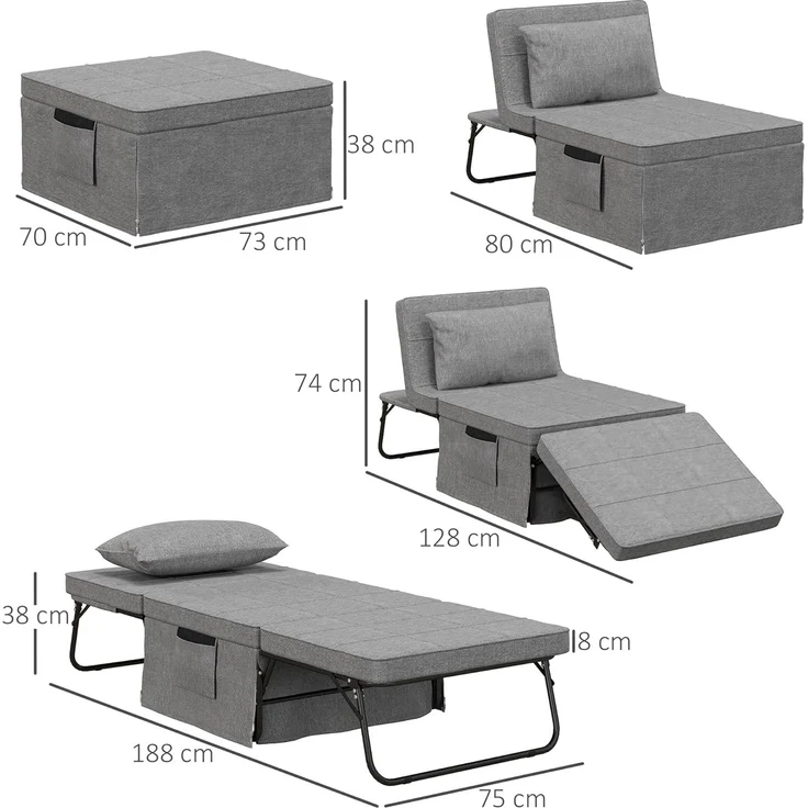 HOMCOM Gästebett 4-in-1 Einzelbett Klappbett klappbare Reisebett Ottomane mit Matratze (5-Stufen Höhenverstellbar, 1-St, mit stabilem Stahlrahmen) Grau, 188 x 75 x 38 cm – Bild 1