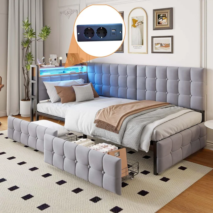 Ball & Cast Schlafsofa (90 * 200cm) mit Schublade, Polsterbett mit Nachttischlampe und USB & Typ-C-Anschluss, Einfache & Zeitsparende Montage, Hellgrau