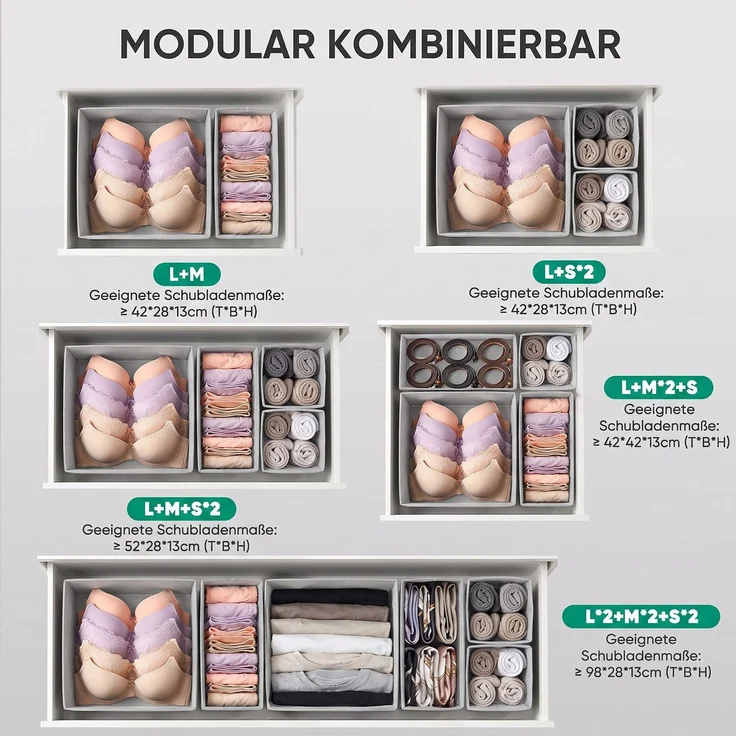 Sekey Aufbewahrungsboxen Set aus Vliesstoff Faltbare Stoffboxen als Organizer für Schrank und Kleiderschrank Hellgrau S(28x28x13cm/14x28x13cm/14x14x13cm) 6 Stück – Bild 9