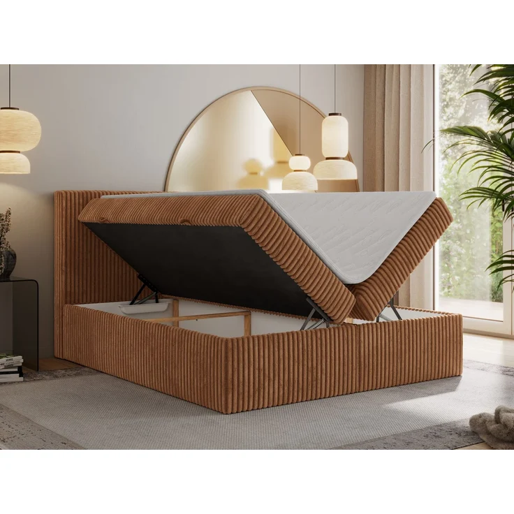 Boxspringbett mit Kopfteil und Topper T25, Cord Bett - TILIANO - 140 x 200 cm - Orange Cord - H3 – Bild 3