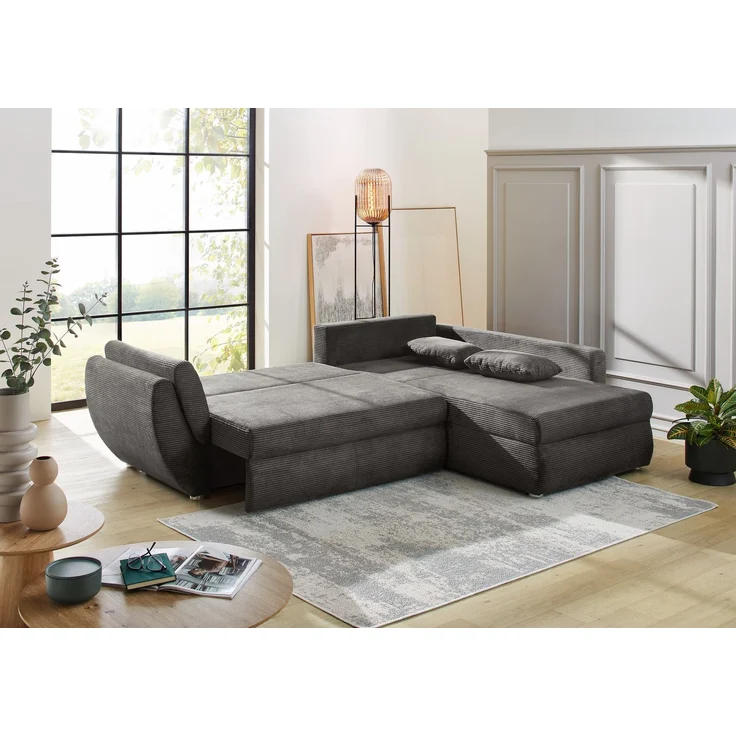 Ecksofa Schlaffunktion Couch mit Rutschenlehne Bettkasten Cord Dunkelgrau – Bild 3