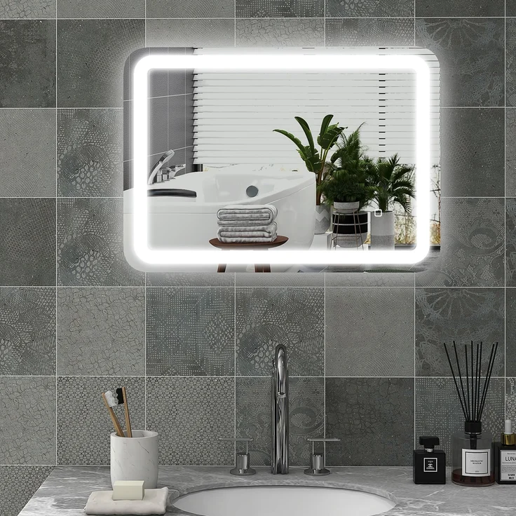 MELAYR, Badezimmerspiegel, beleuchtet, Touch-Steuerung, beschlagfrei, dimmbar, 3 Lichtfarben, 50x70 Silber – Bild 3