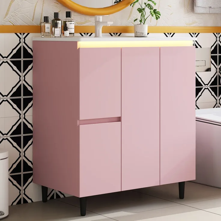 Waschtischunterschrank 76x47x89 cm in Rosa, mit Keramikbecken und LED-Sensorlicht